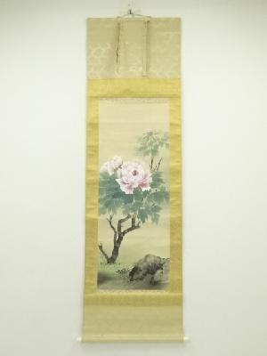 美勝筆　花図　肉筆絹本掛軸